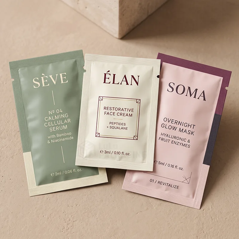 Three printed sample sachets for serum, face cream and overnight mask