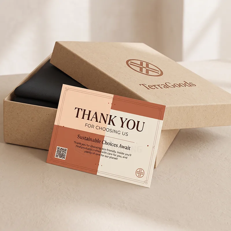 Thank you insert card with QR code and eco message leaning on an open kraft box with clothing inside