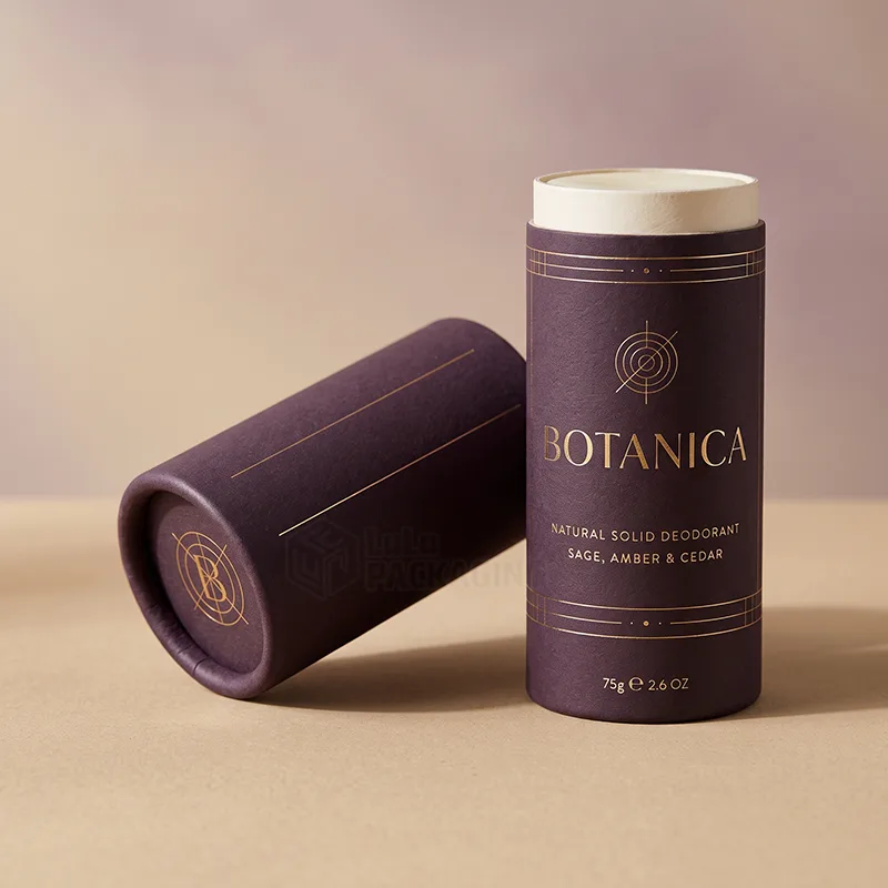 Purple paper deodorant push-up tube with gold foil print, open showing the stick