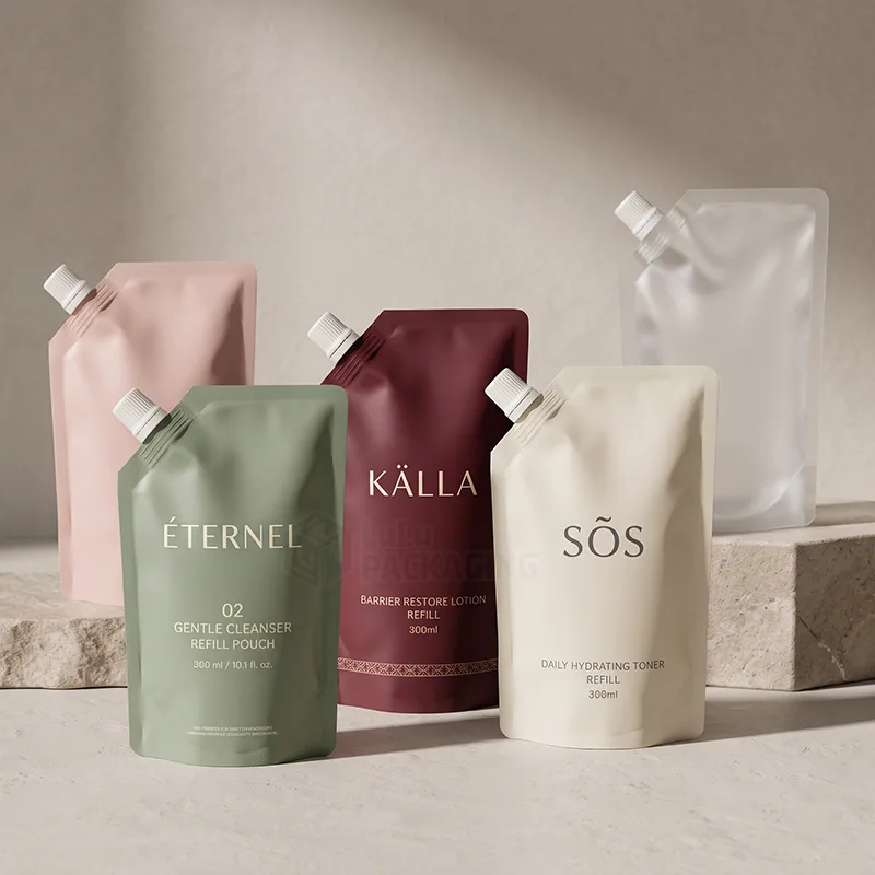 Refill pouches with spouts in sage, burgundy, cream, pink and clear for cleanser, lotion and toner