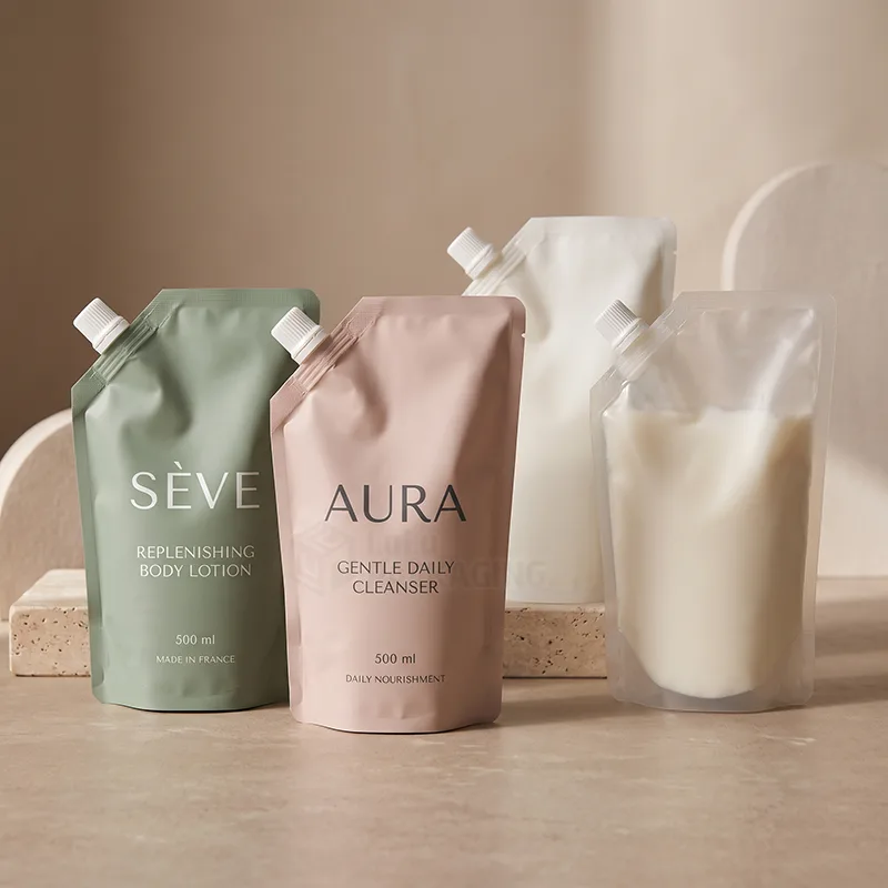 Sage, pink, white and clear refill pouches with spouts, one filled with white lotion