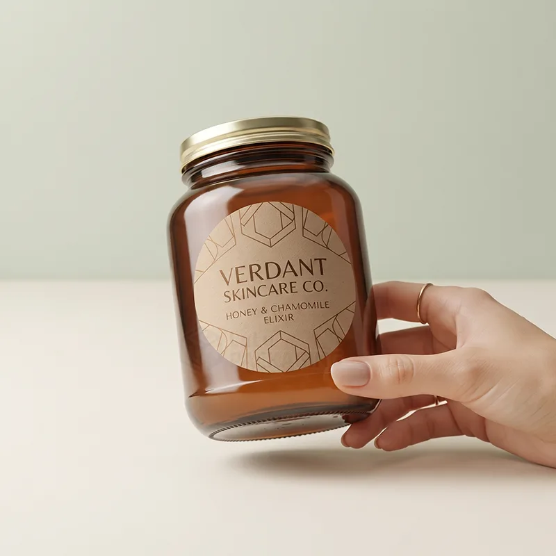 Hand holding an amber jar with a round kraft label with a geometric gold line pattern