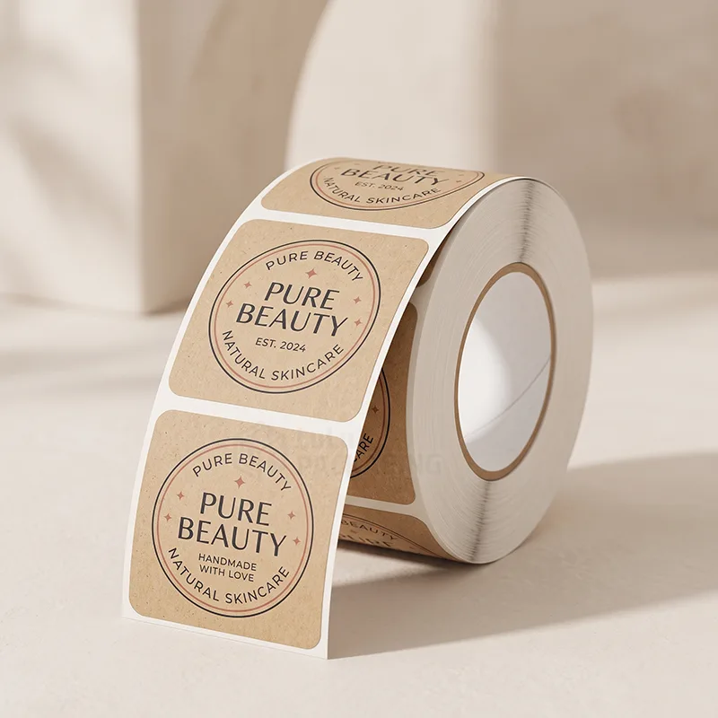 Roll of square kraft labels printed with a round natural skincare stamp design
