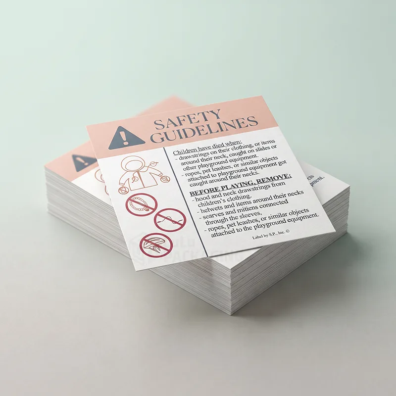 Stack of printed safety guidelines warning labels with a pink header and child safety icons