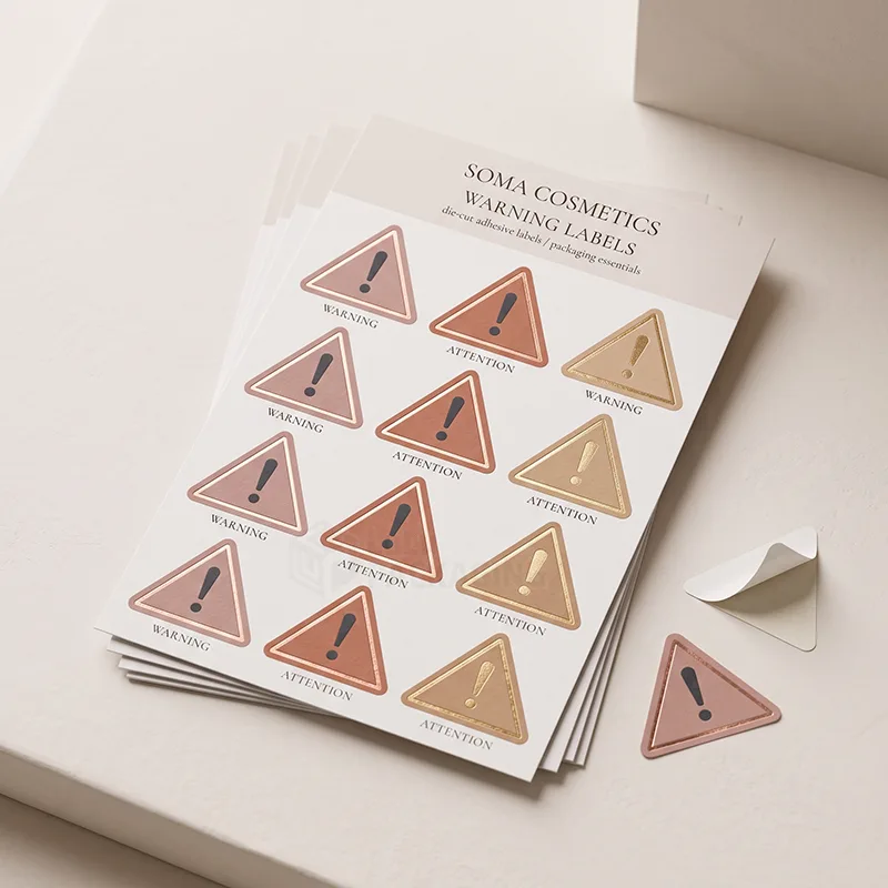 Sheet of triangular rose, copper and gold warning and attention stickers with one peeled label beside it
