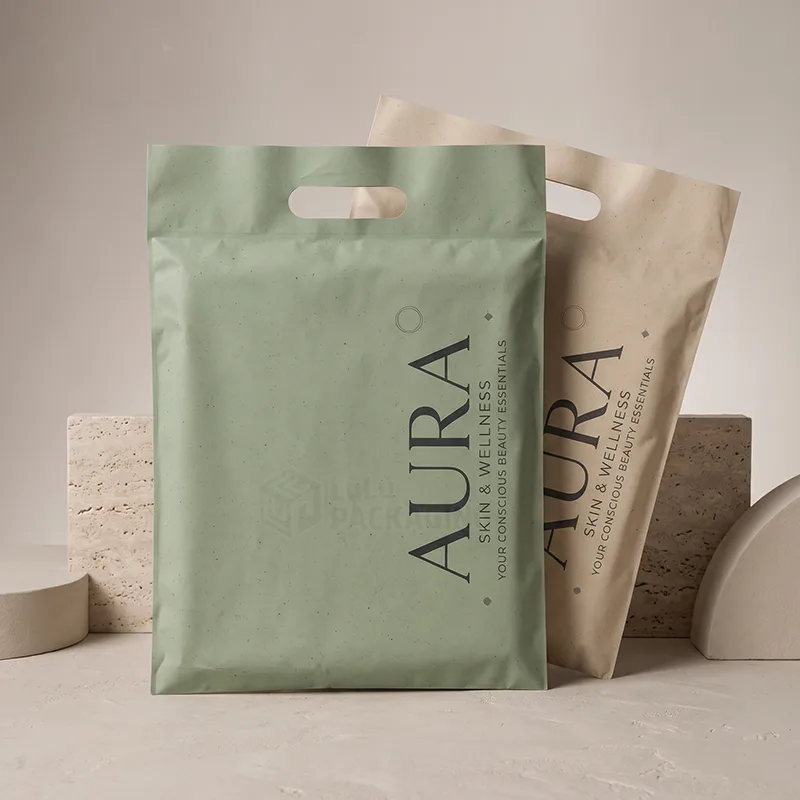 Sage and natural compostable mailers with die cut carry handles and printed logos