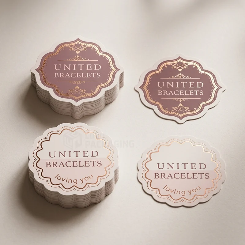 Stacks of scalloped jewellery stickers with rose gold foil borders and printed text