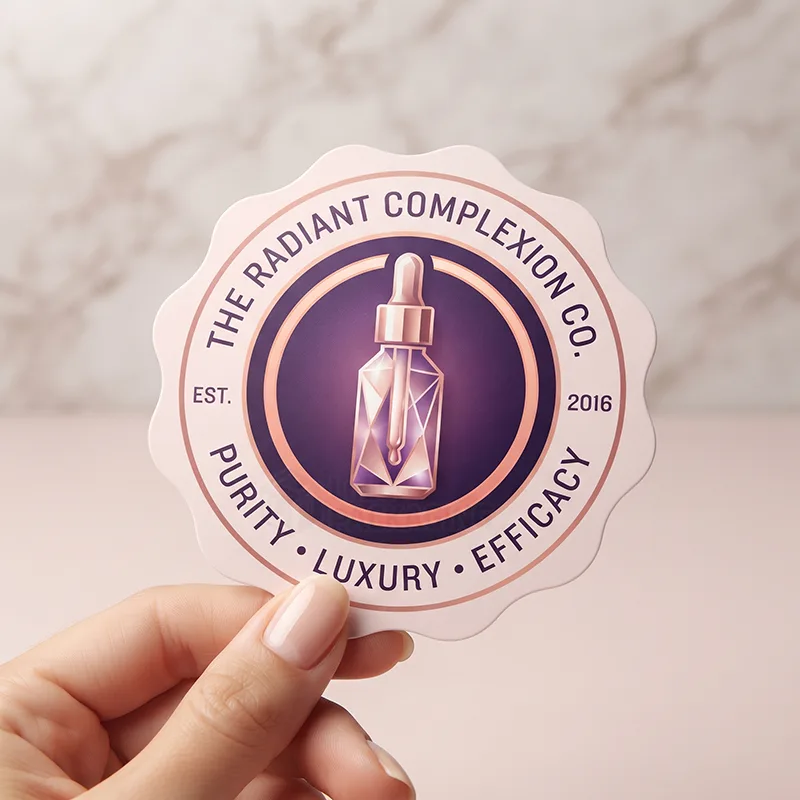Hand holding a scalloped round pink and purple logo sticker with a crystal serum bottle