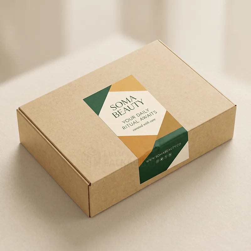 Kraft mailer box closed with a large rectangular green and mustard branded seal sticker across the lid