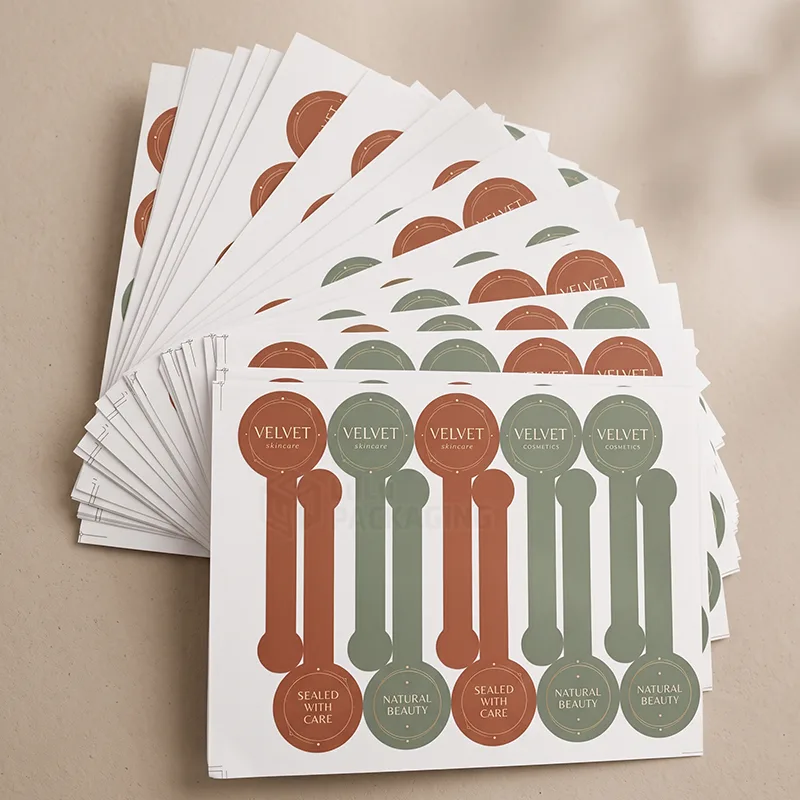 Fanned sheets of terracotta and sage green dumbbell seal stickers reading Sealed With Care and Natural Beauty