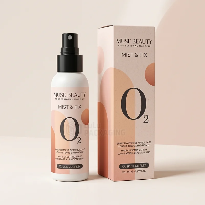 Tall setting spray box with peach arches and large print beside a white mist bottle