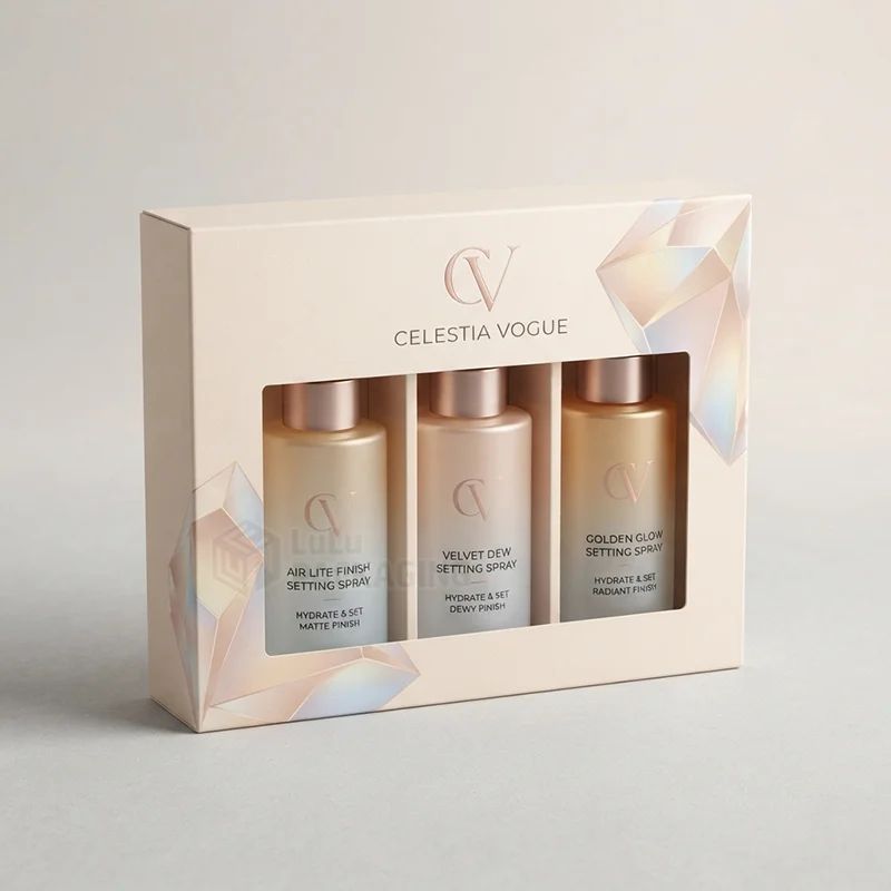 Cream window box with foil logo and holographic crystal art holding three spray bottles