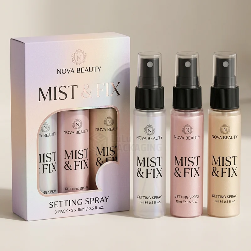 Iridescent setting spray box with a window holding three minis beside three bottles