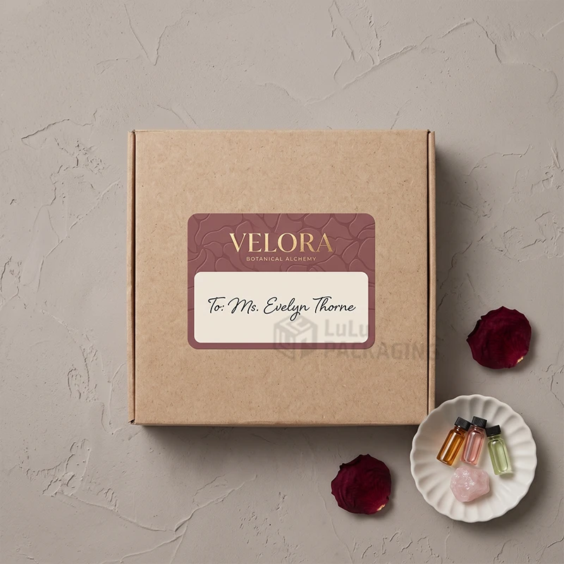 Plum and gold branded address label with handwritten recipient name on a kraft mailer box