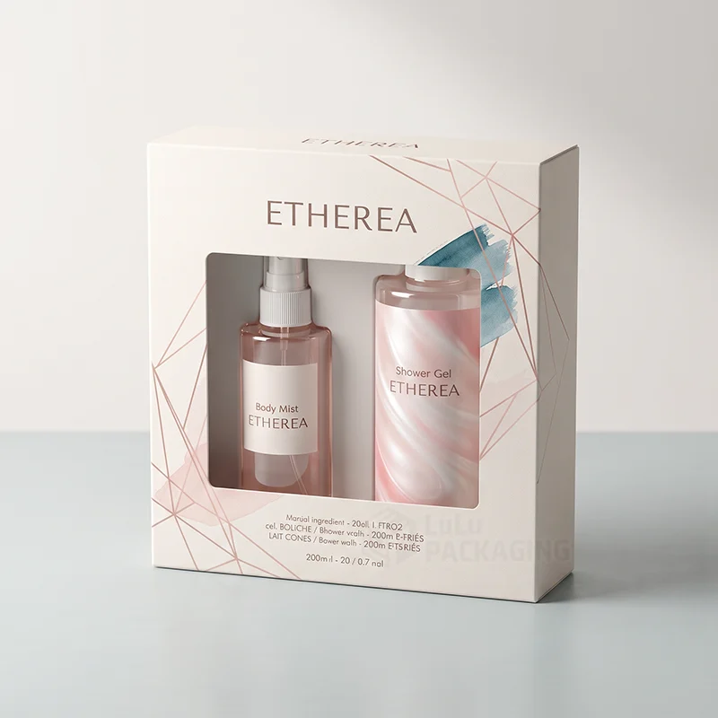 White window box with rose gold lines holding a shower gel and a body mist