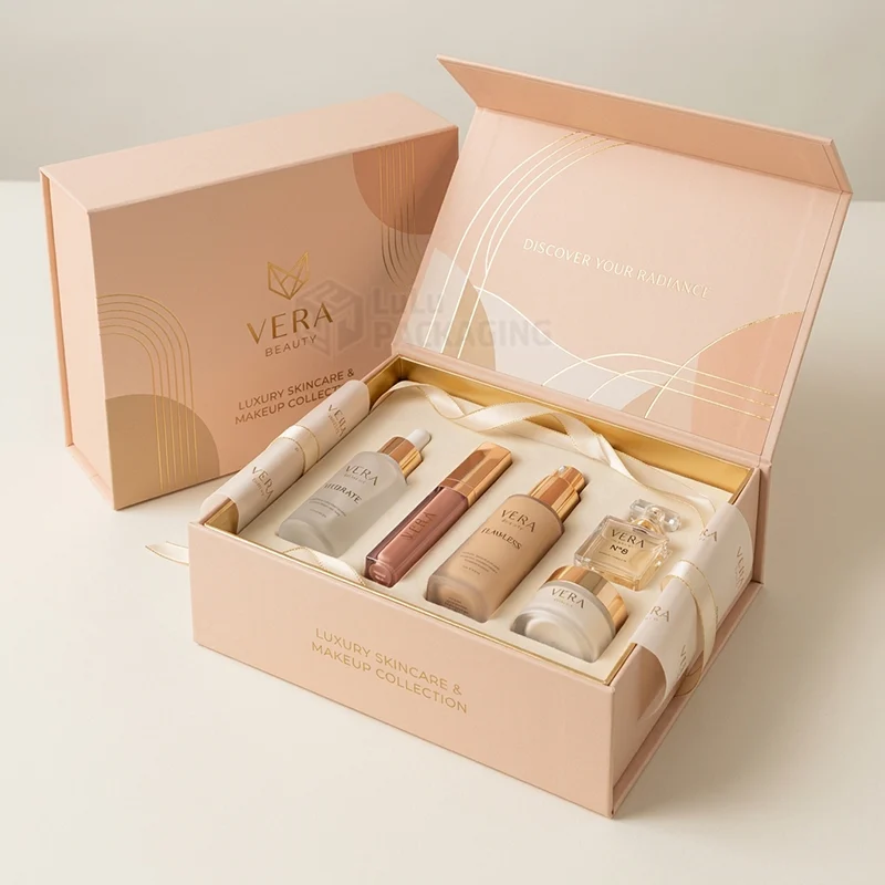 Blush magnetic gift box with foil arches holding serum, lip gloss, foundation and perfume