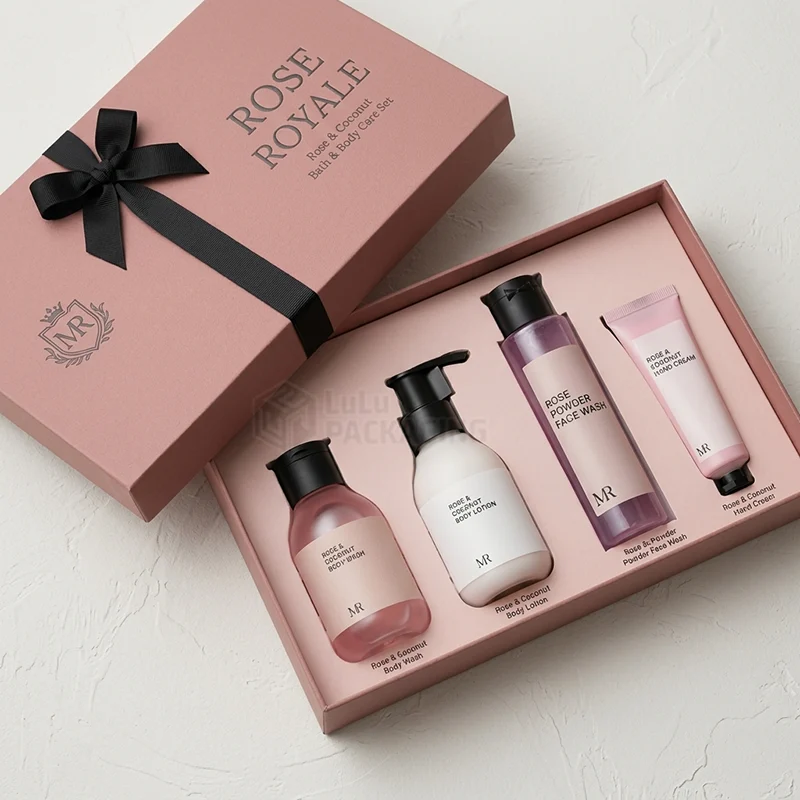 Pink rigid gift box with black ribbon bow and four body care bottles in an insert