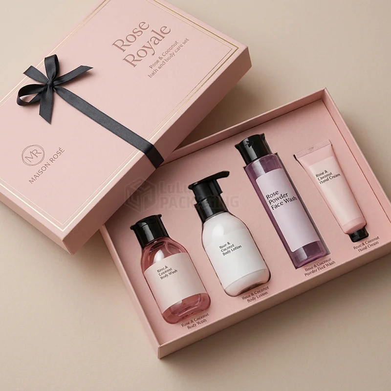 Pink gift box lid with black bow beside a tray of four labelled body care products