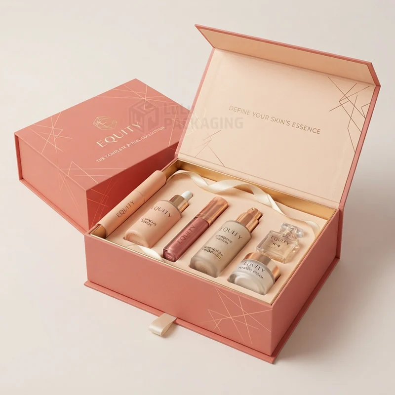 Coral magnetic gift box with rose gold lines and a ribbon pull holding six products