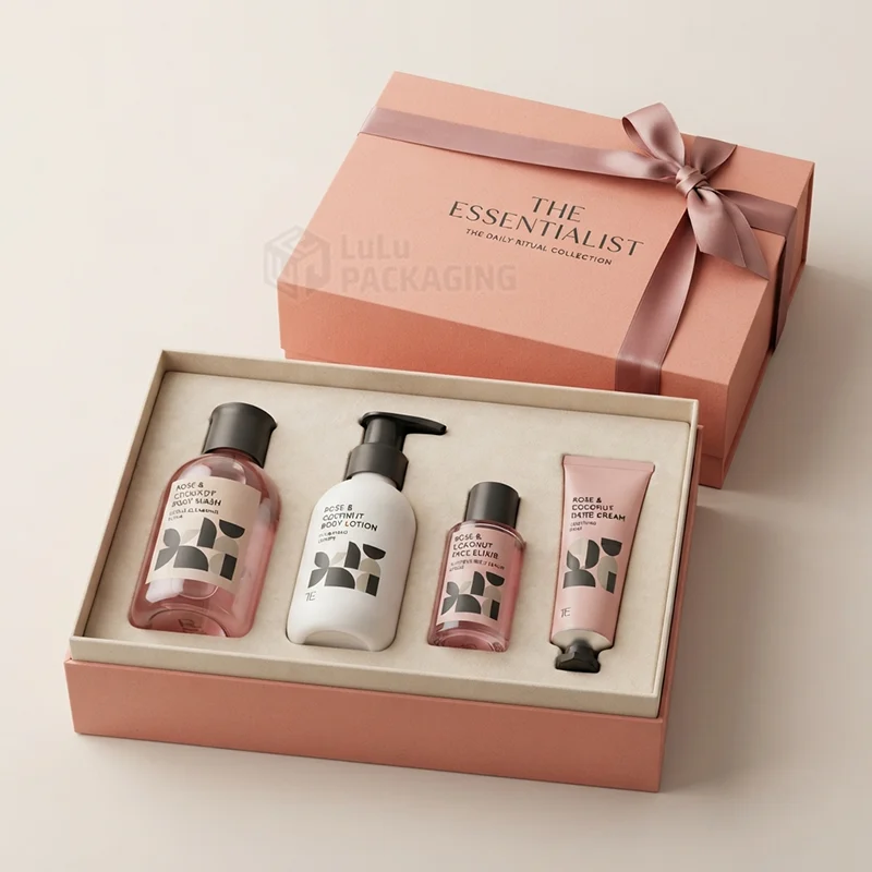 Coral rigid lid box with satin bow open to show four bath and body products