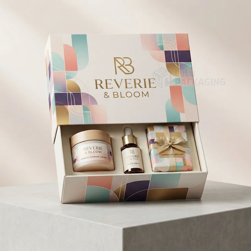 Pastel geometric drawer box with gold foil logo holding cream, serum and wrapped soap