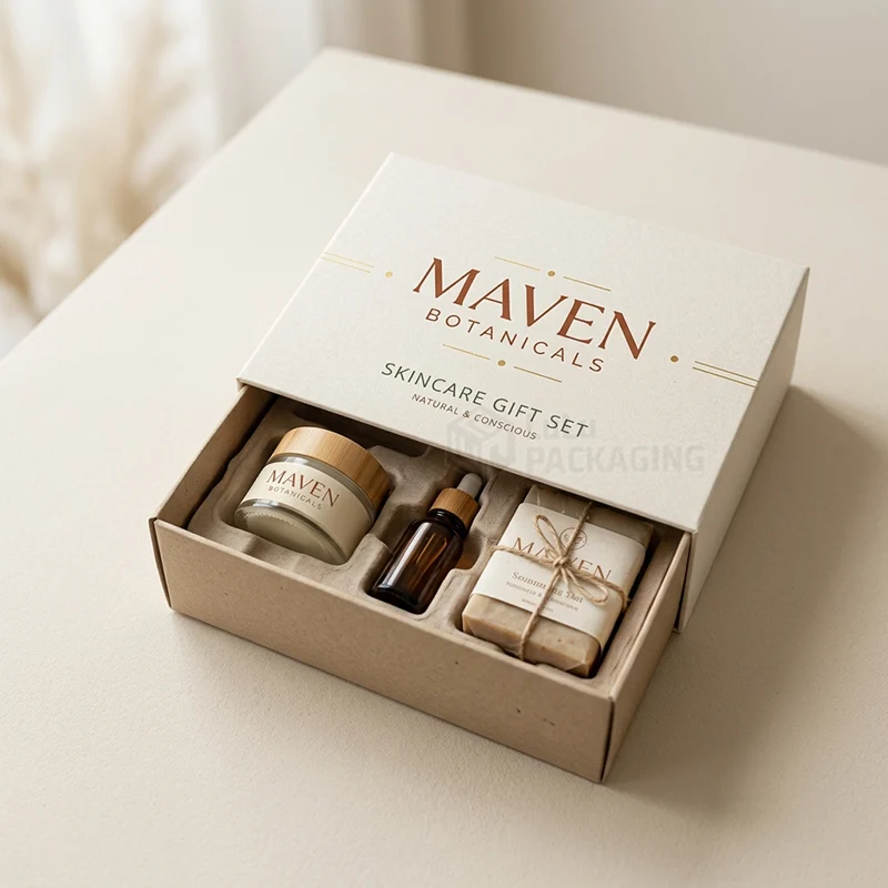 Kraft drawer box with natural pulp insert holding a jar, dropper bottle and soap