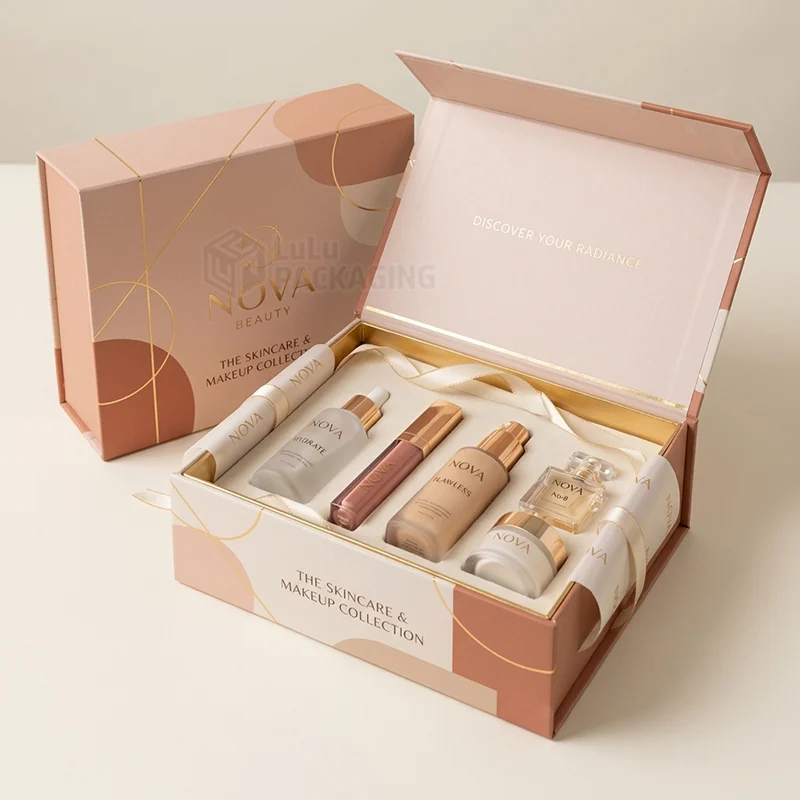 Open peach magnetic gift box with gold foil, ribbon and six skincare products in an insert
