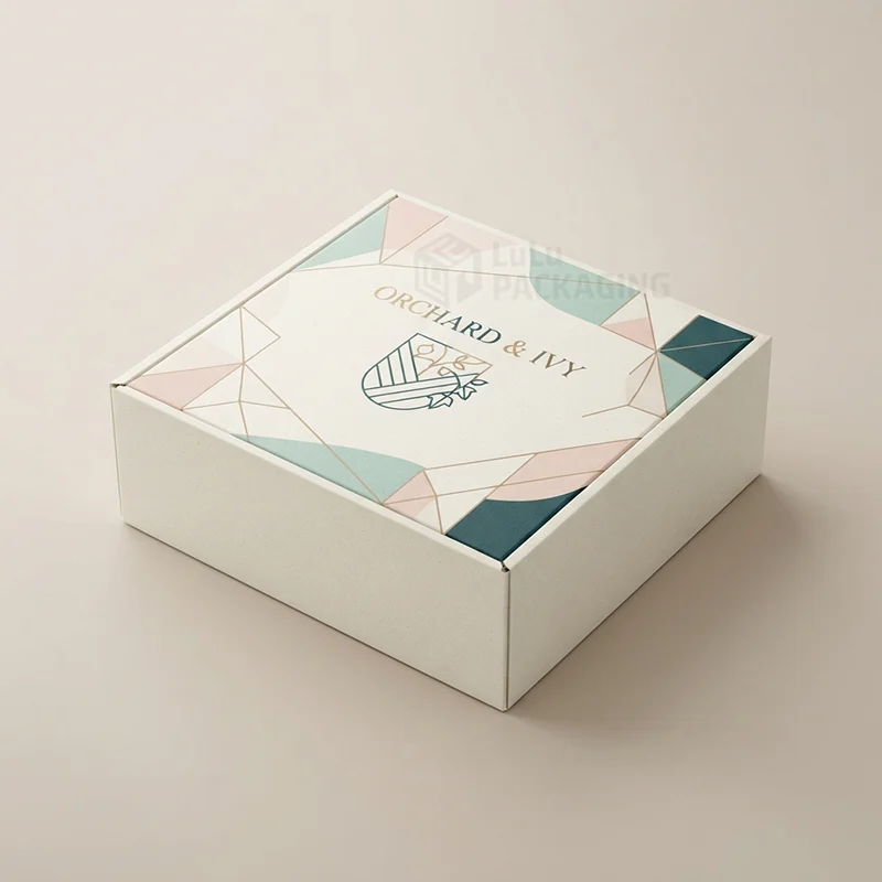Closed white mailer box with pastel geometric print and gold foil crest logo