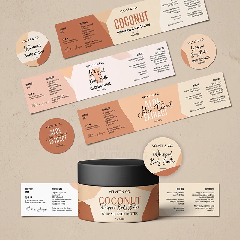 Flat wrap and round body butter labels laid out around a black-lid jar with a matching label