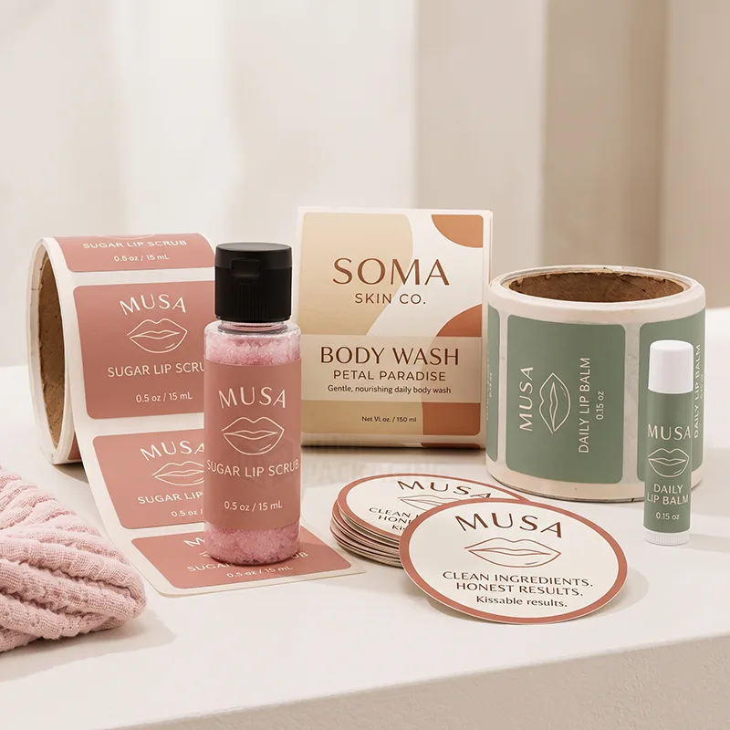 Pink and sage skincare labels on rolls beside a lip scrub bottle, lip balm and round labels