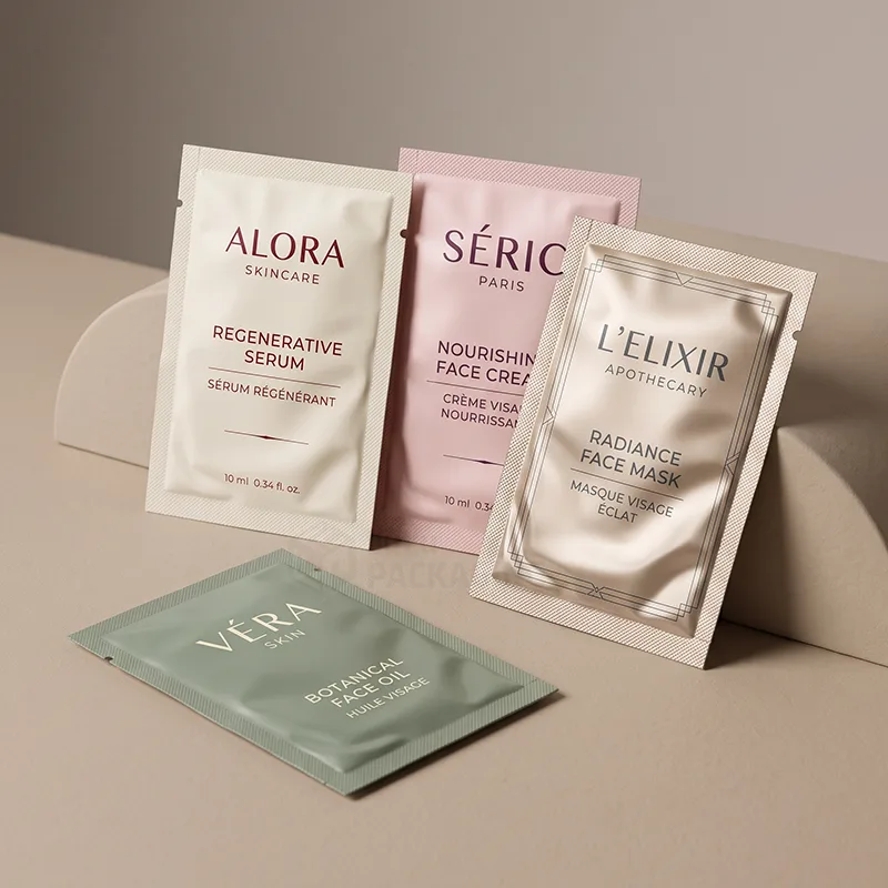 Skincare sample sachets for serum, face cream, face mask and face oil