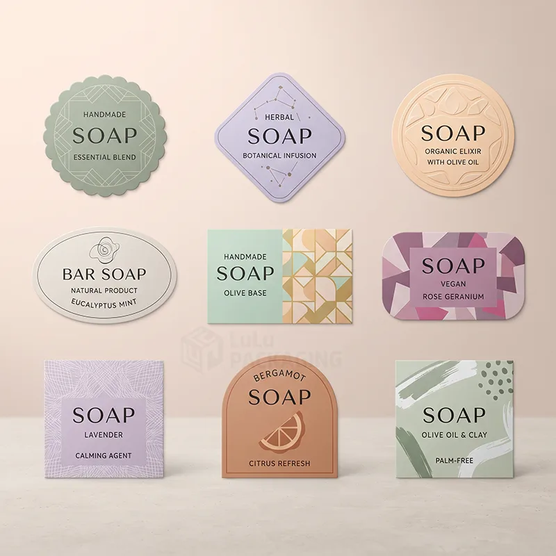 Nine soap labels in different shapes and colours: scalloped, diamond, oval, arch, square and round