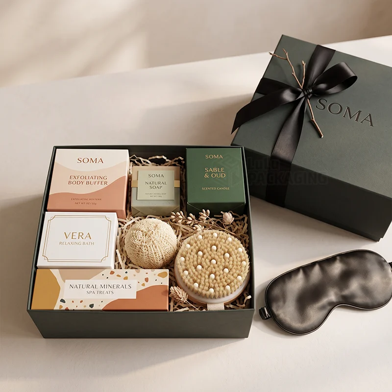 Dark green spa gift box with ribbon lid, holding soap, candle, loofah and brush, with an eye mask