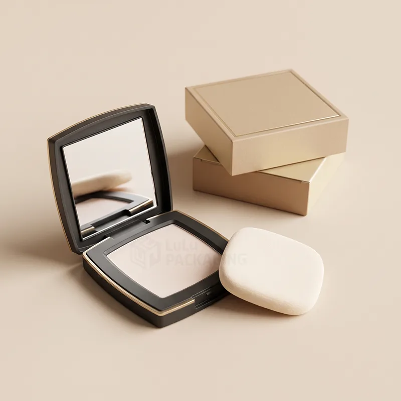 Square black and gold compact case open with a mirror and puff, beside gold boxes