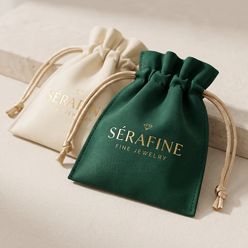 Green and cream suede drawstring pouches with a gold foil logo and satin cords