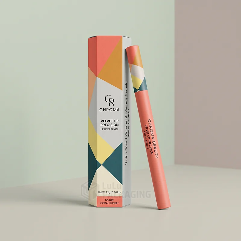 Tall hexagonal lip liner pencil box with a colorful geometric print standing next to a matching coral lip liner pencil on a sage background.