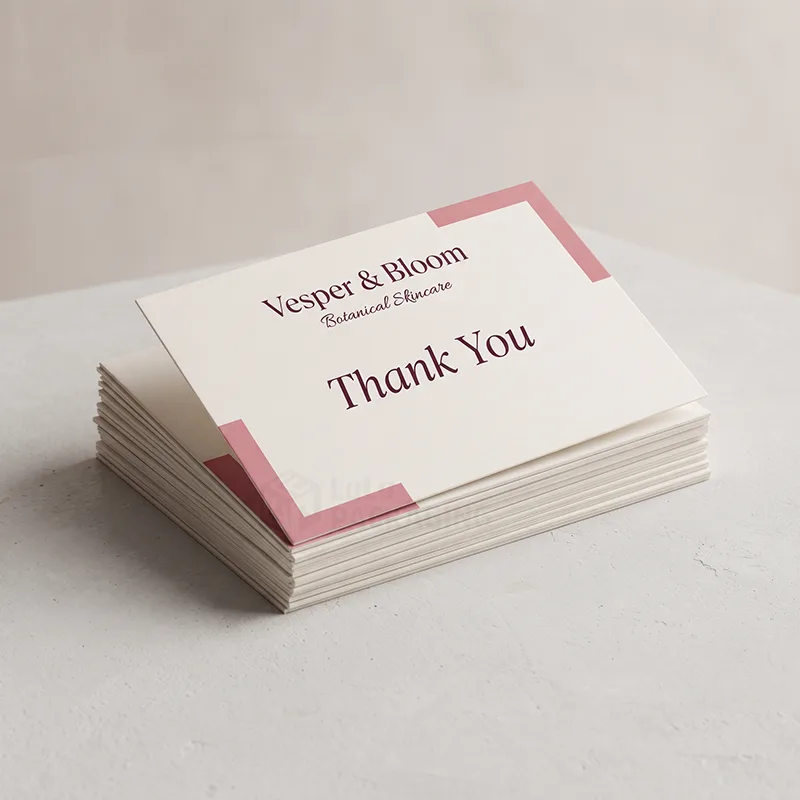 Stack of cream thank you cards with pink corner accents and a skincare brand name printed in plum