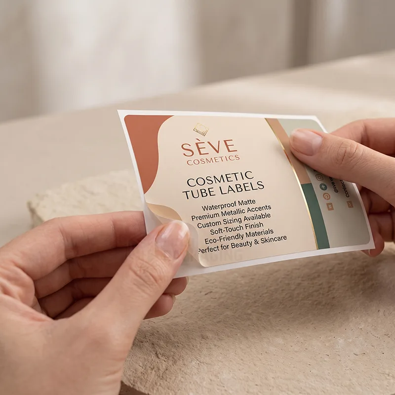 Hands peeling a cosmetic tube label with terracotta, sage and gold accents from its backing