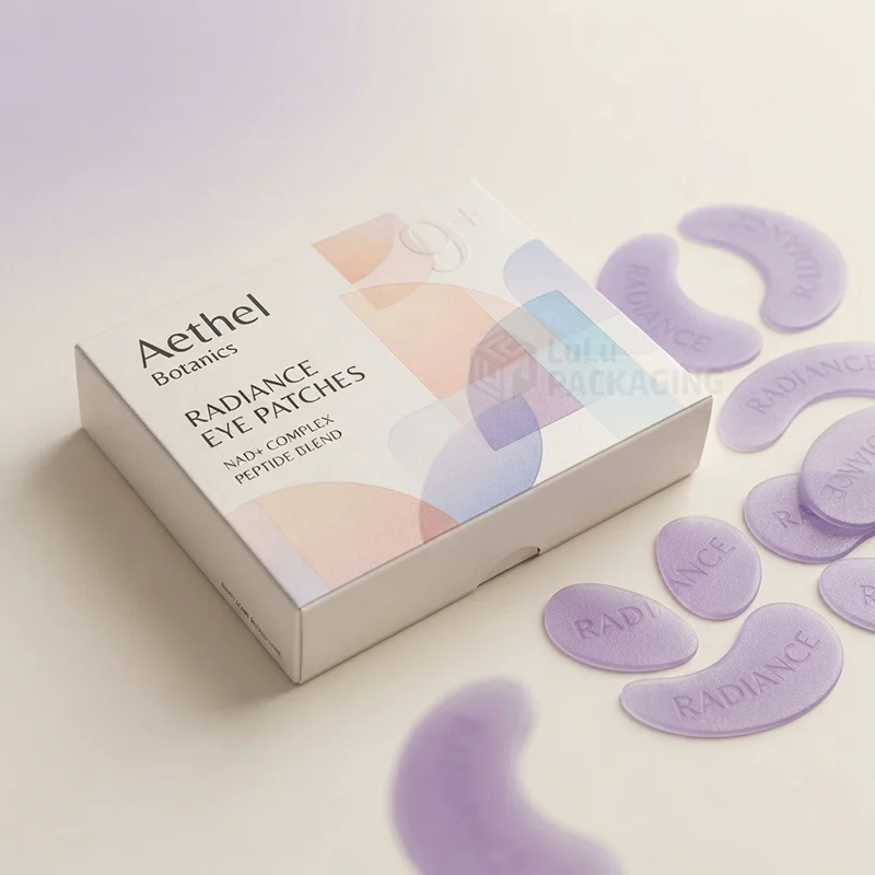 White under eye patch box with pastel shapes surrounded by lilac gel patches