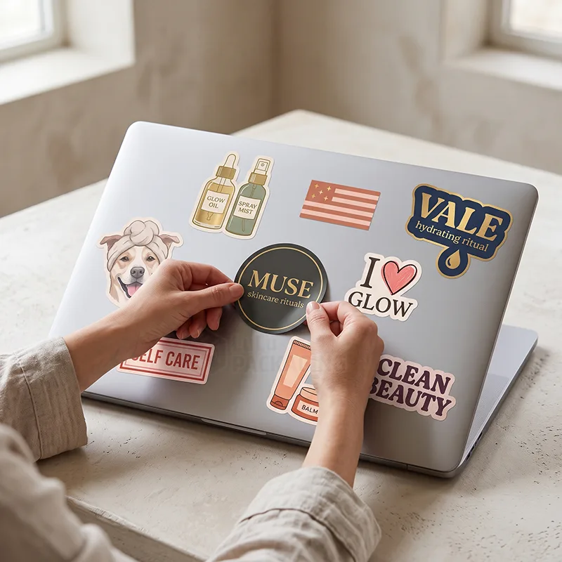 Hands placing a round black and gold logo sticker on a laptop covered with beauty stickers