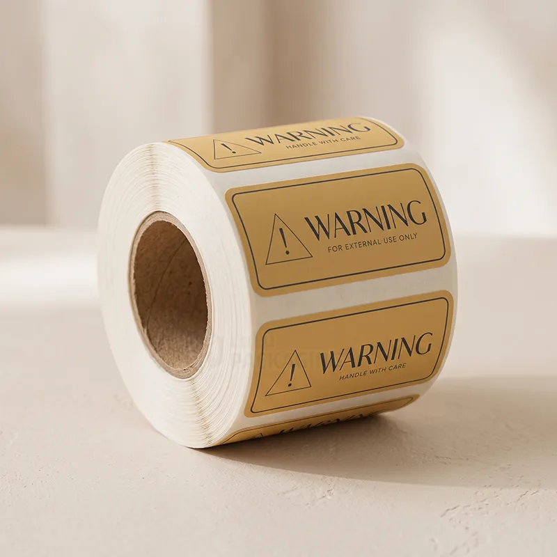 Roll of mustard rectangular warning labels reading Handle With Care and For External Use Only