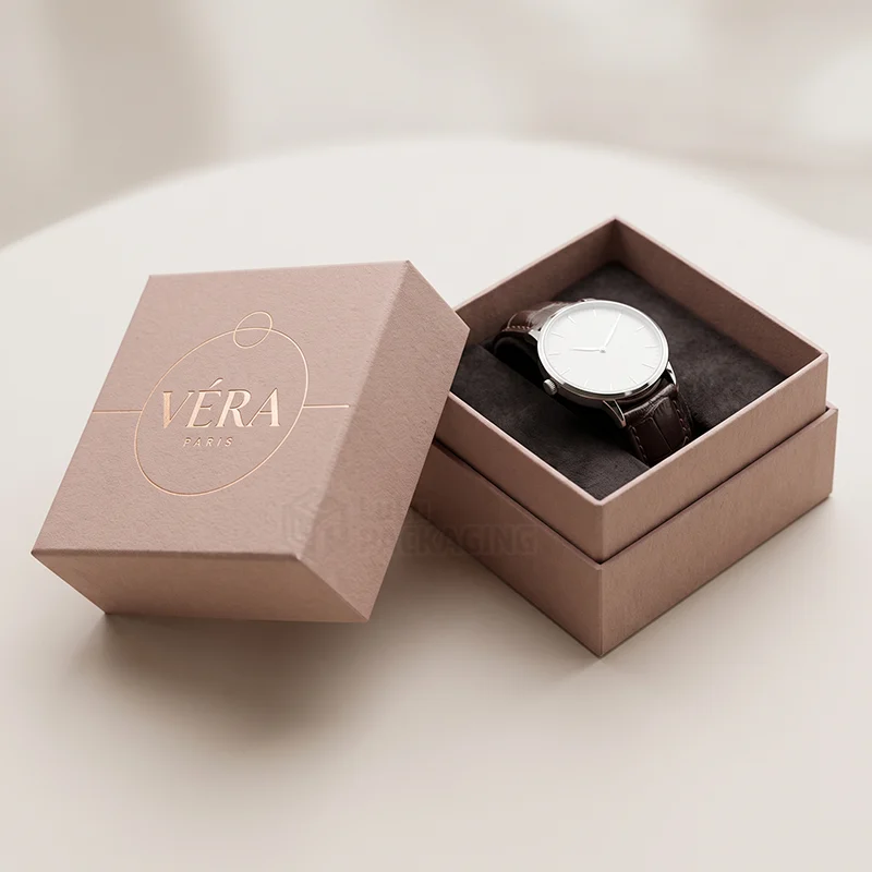 Blush two-piece watch box with the lid off, showing a leather strap watch on a grey cushion
