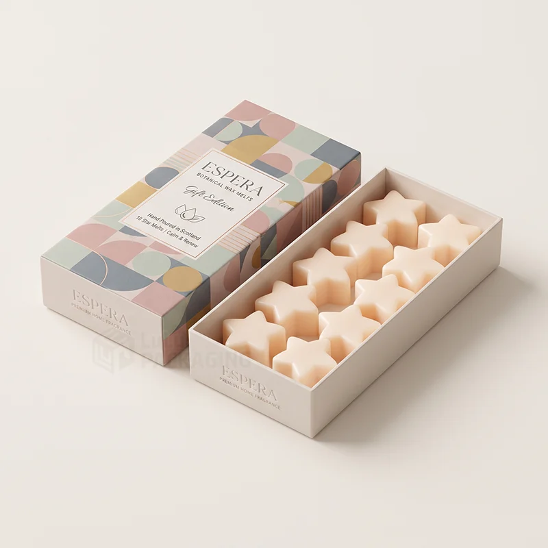 Two piece wax melt gift box with a printed lid and star-shaped melts in the base