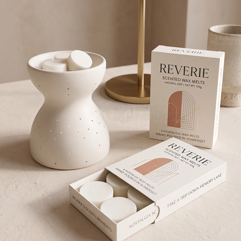 Cream slide wax melt boxes with foil arch design next to a white ceramic wax burner