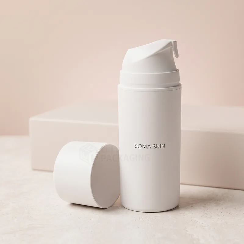 White airless pump bottle with its cap off showing the angled pump head
