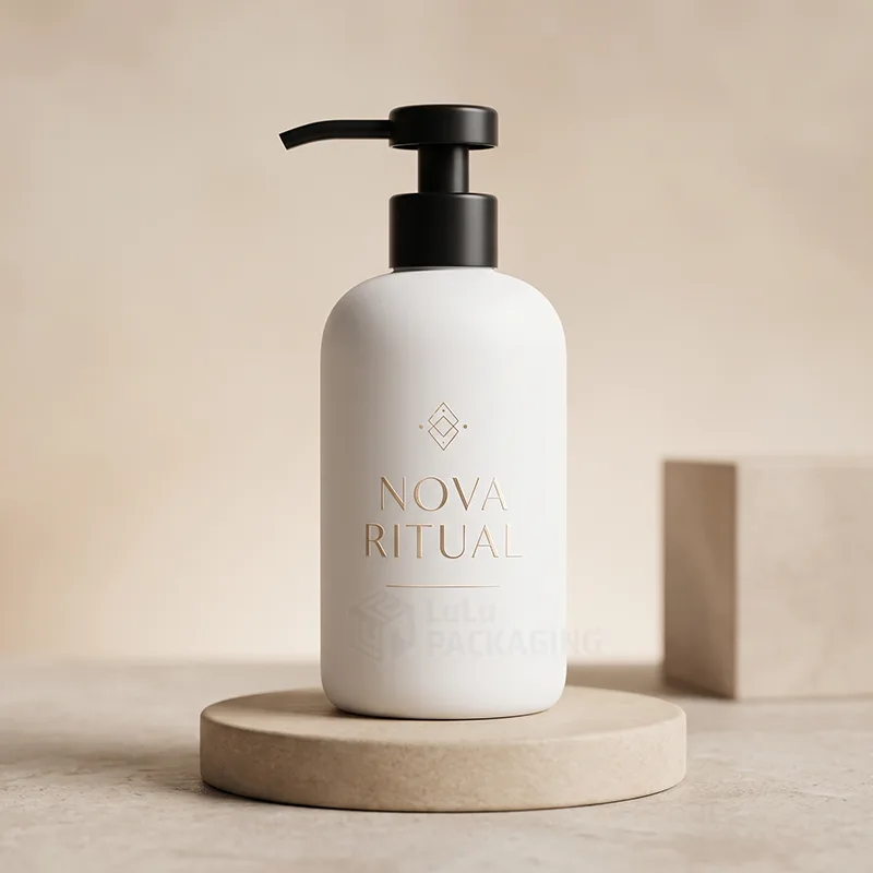 Matte white lotion bottle with a black pump and a gold foil printed logo