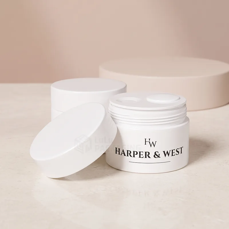White plastic cosmetic jar with its lid off showing a sealing inner liner