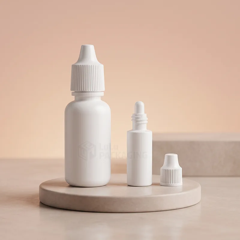 White plastic dropper bottles in two sizes with ribbed tamper-evident caps and a dropper tip