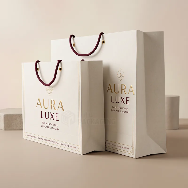 Two white paper shopping bags with burgundy rope handles and a gold foil logo