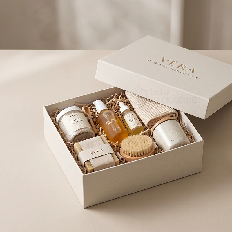 White two piece spa gift box with bath salts, body oil, serum, soap and brush on shred
